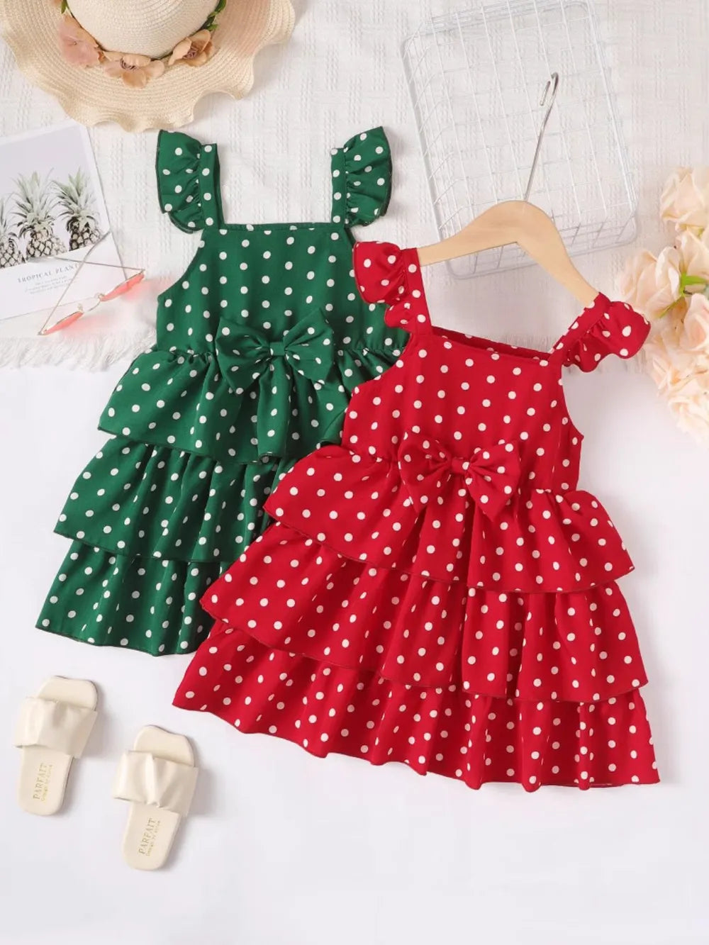 bow polka dot square neck layered dress — stylish clothing for kids