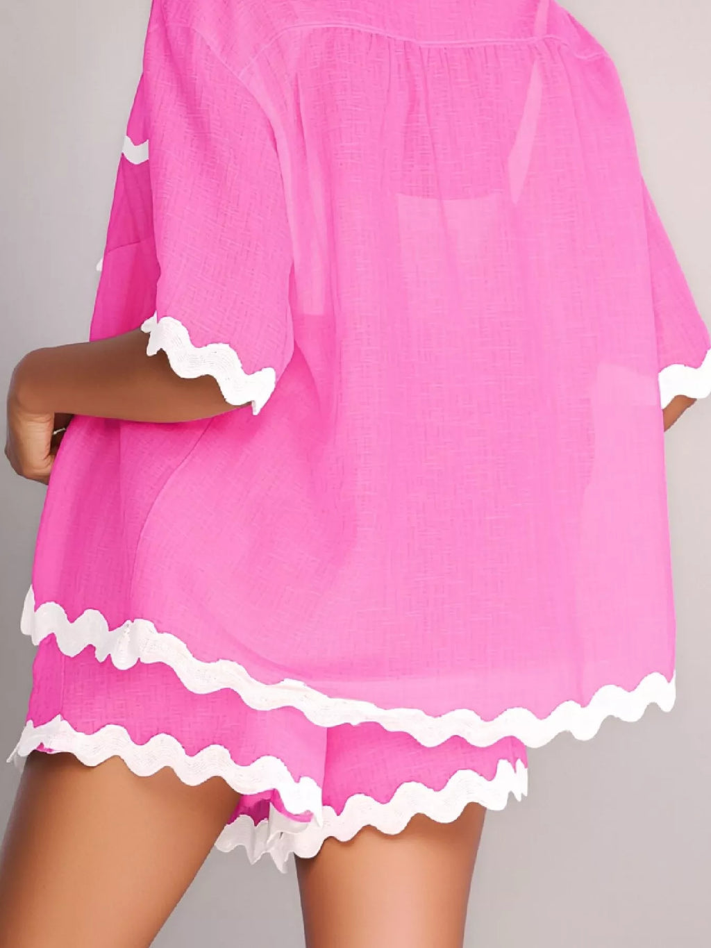 women's contrast scalloped trim shirt and shorts set - side view