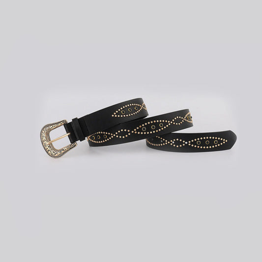 PU Leather Rhinestone Belt Black Gold