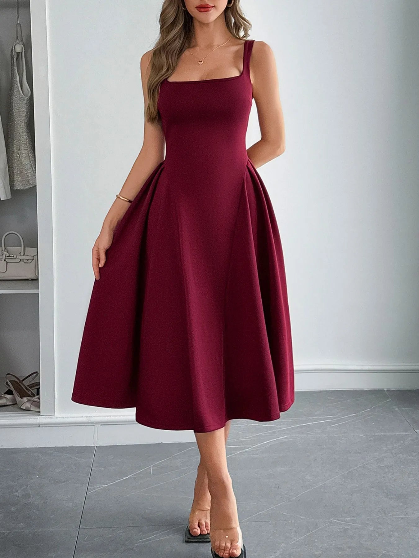square neck wide strap midi dress shown as women’s dress
