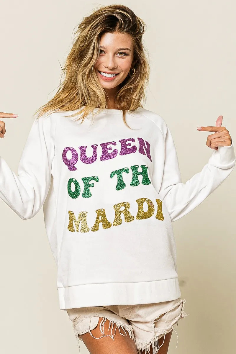 women's bibi queen of mardi glitter print mardi gras sweatshirt - extra view