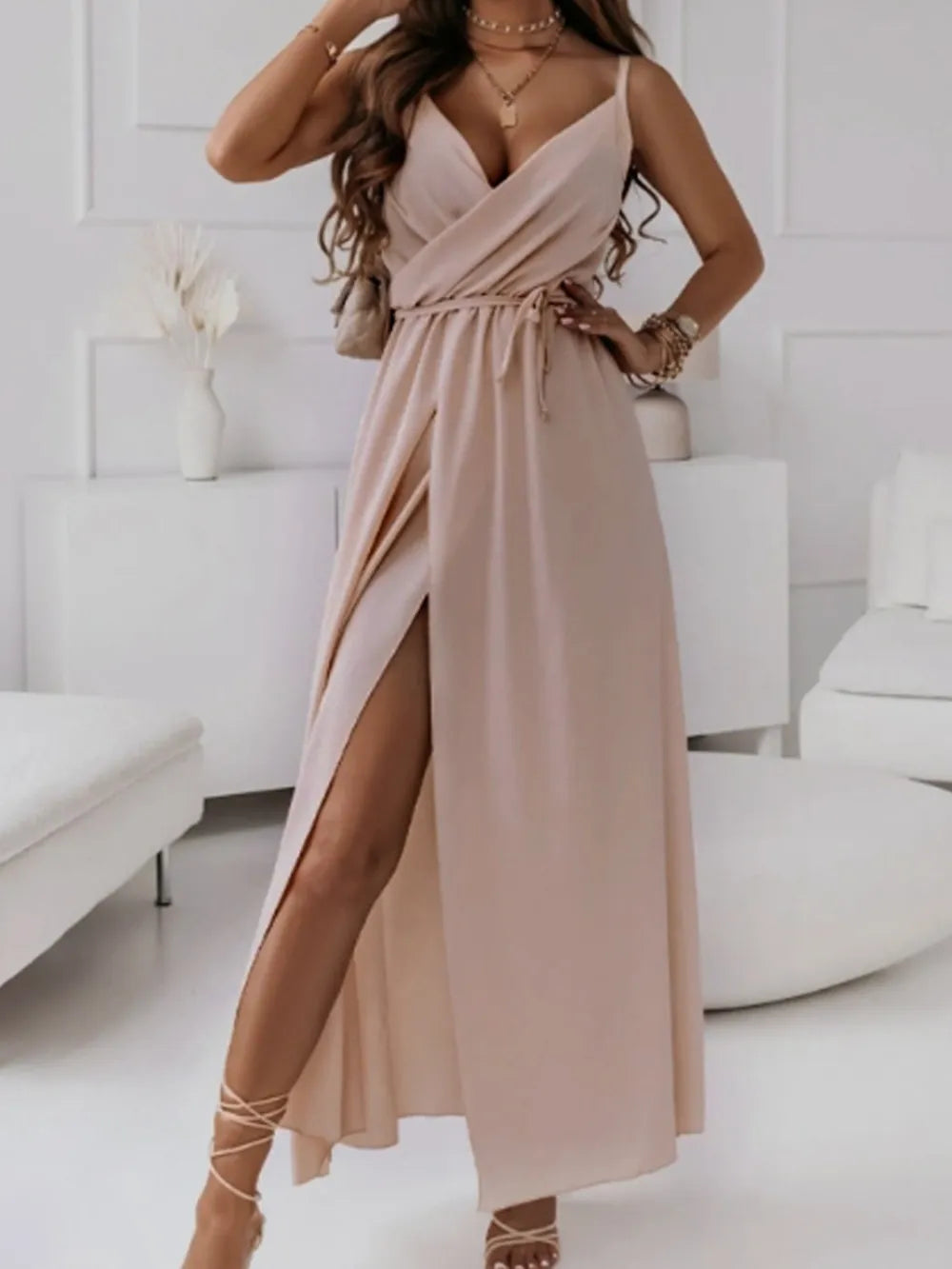 honey tied surplice sleeveless midi cami dress shown as women’s dress