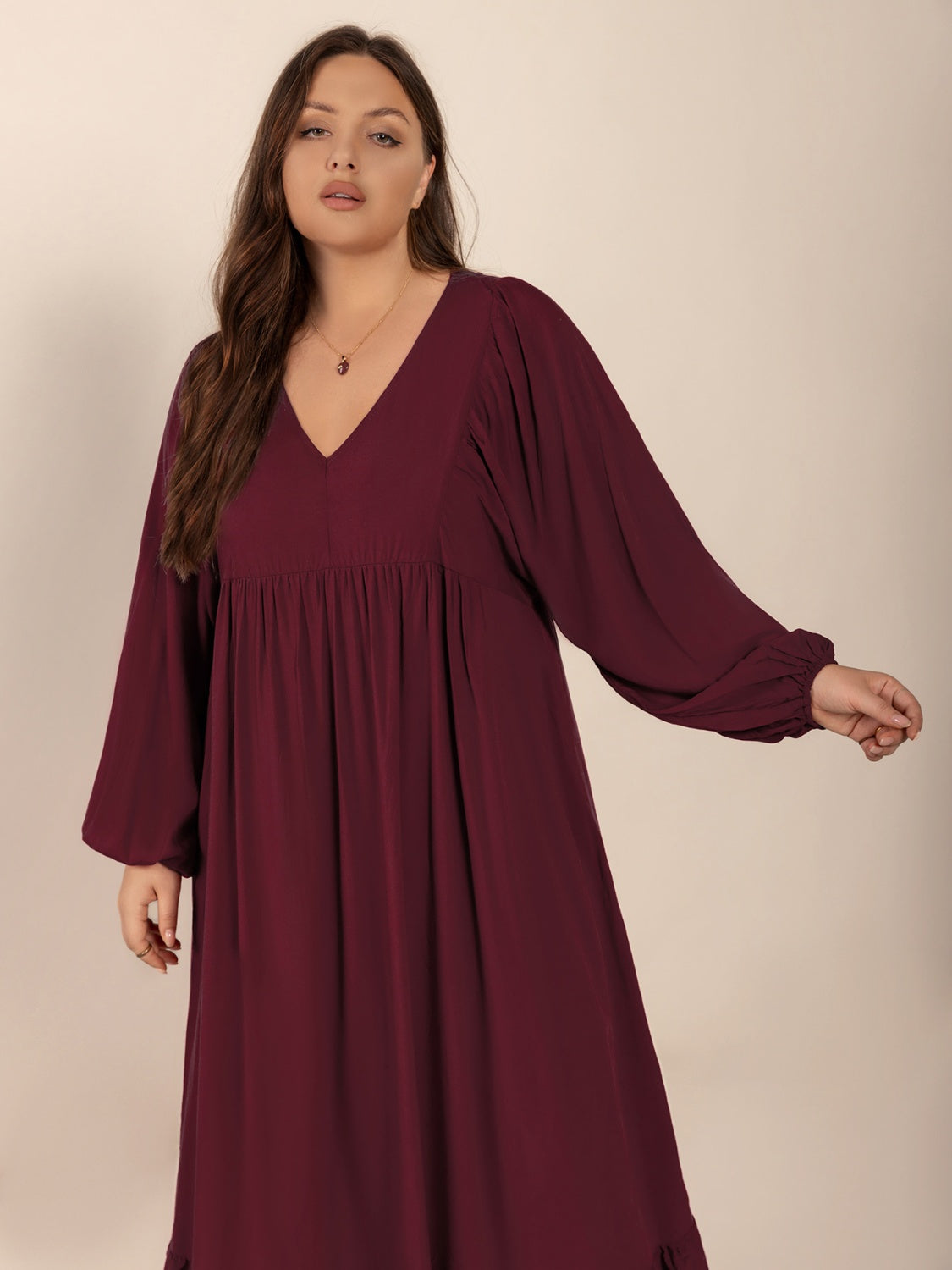 Plus Size Ruffled Hem V-Neck Balloon Sleeve Dress