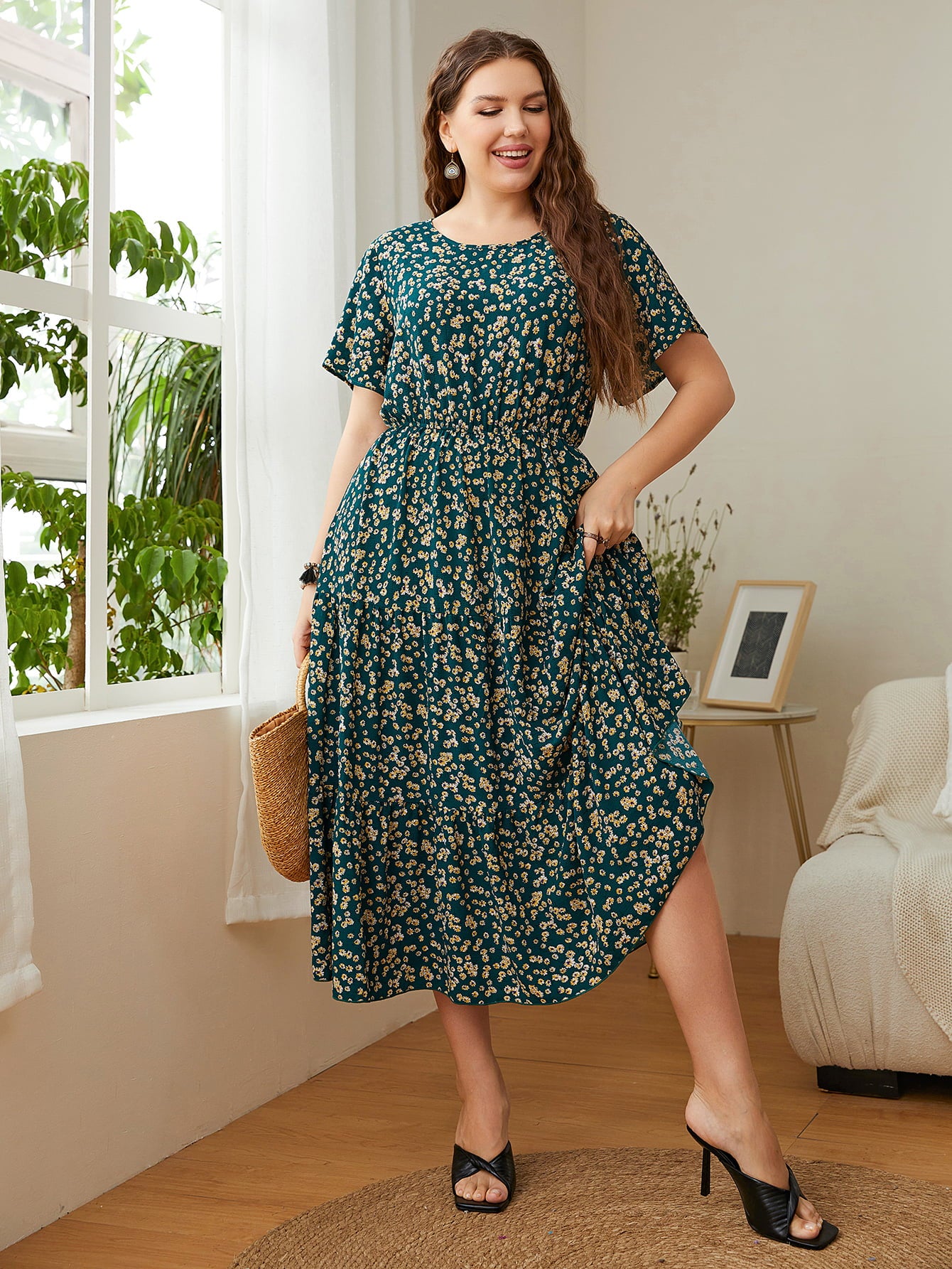 Honey Plus Size Floral Round Neck Short Sleeve Midi Dress Deep Teal