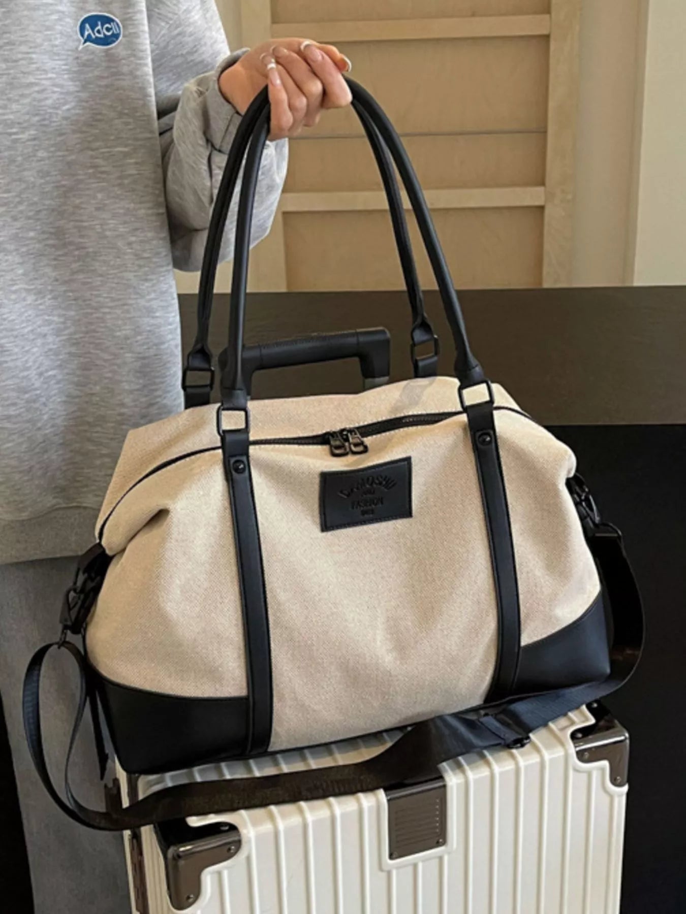 women's canvas leather trim travel  bag - lifestyle shot