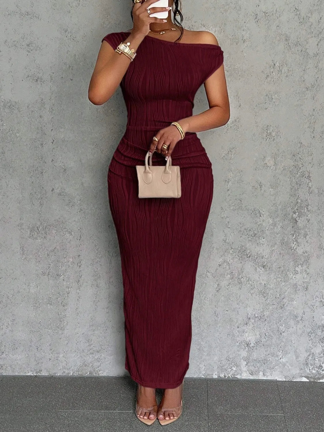 Textured Single Shoulder Maxi Dress – Donjane Burgundy