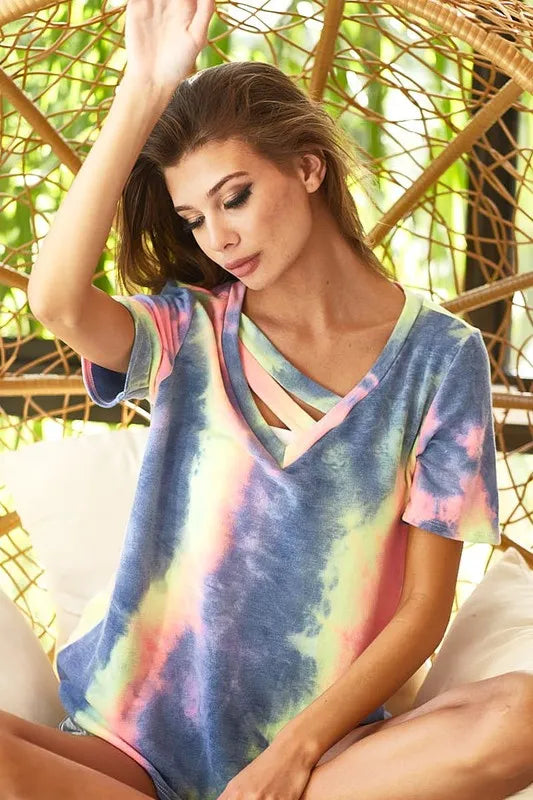 women's bibi tie dye terry v neck top with double strap - extra view