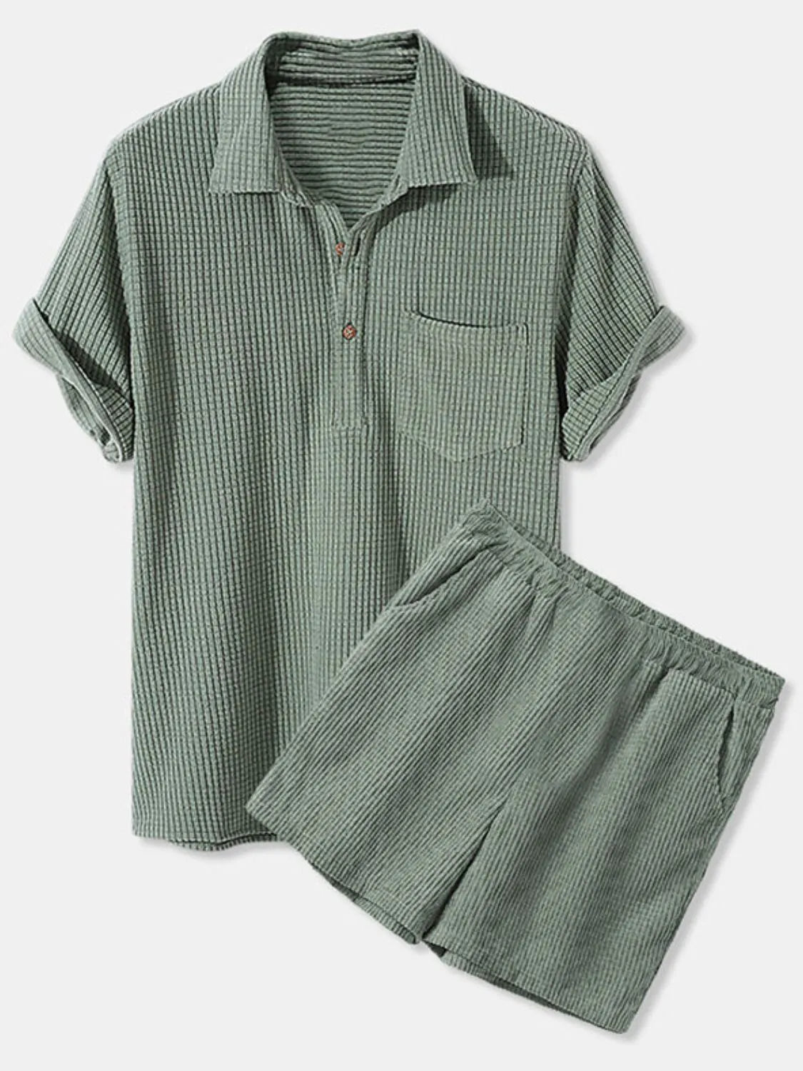 men's men's full size button detail short sleeve top and shorts set plus size - additional image
