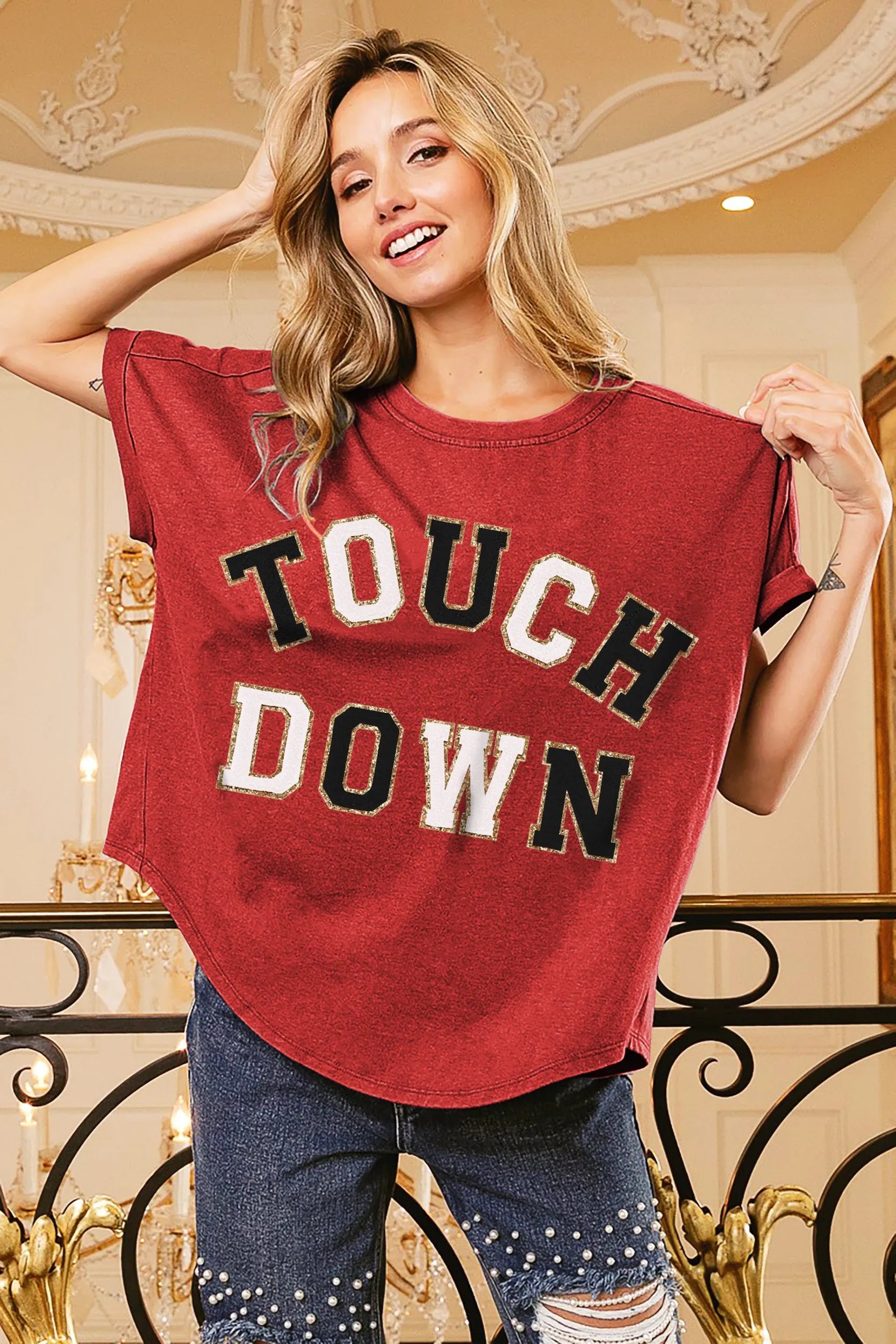 bibi touchdown letter loose fit vintage washed top shown as women’s outerwear