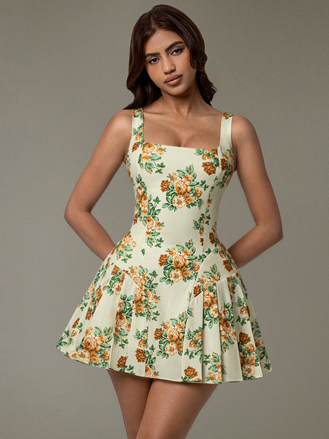 Floral Sleeveless Mini Pleated Dress