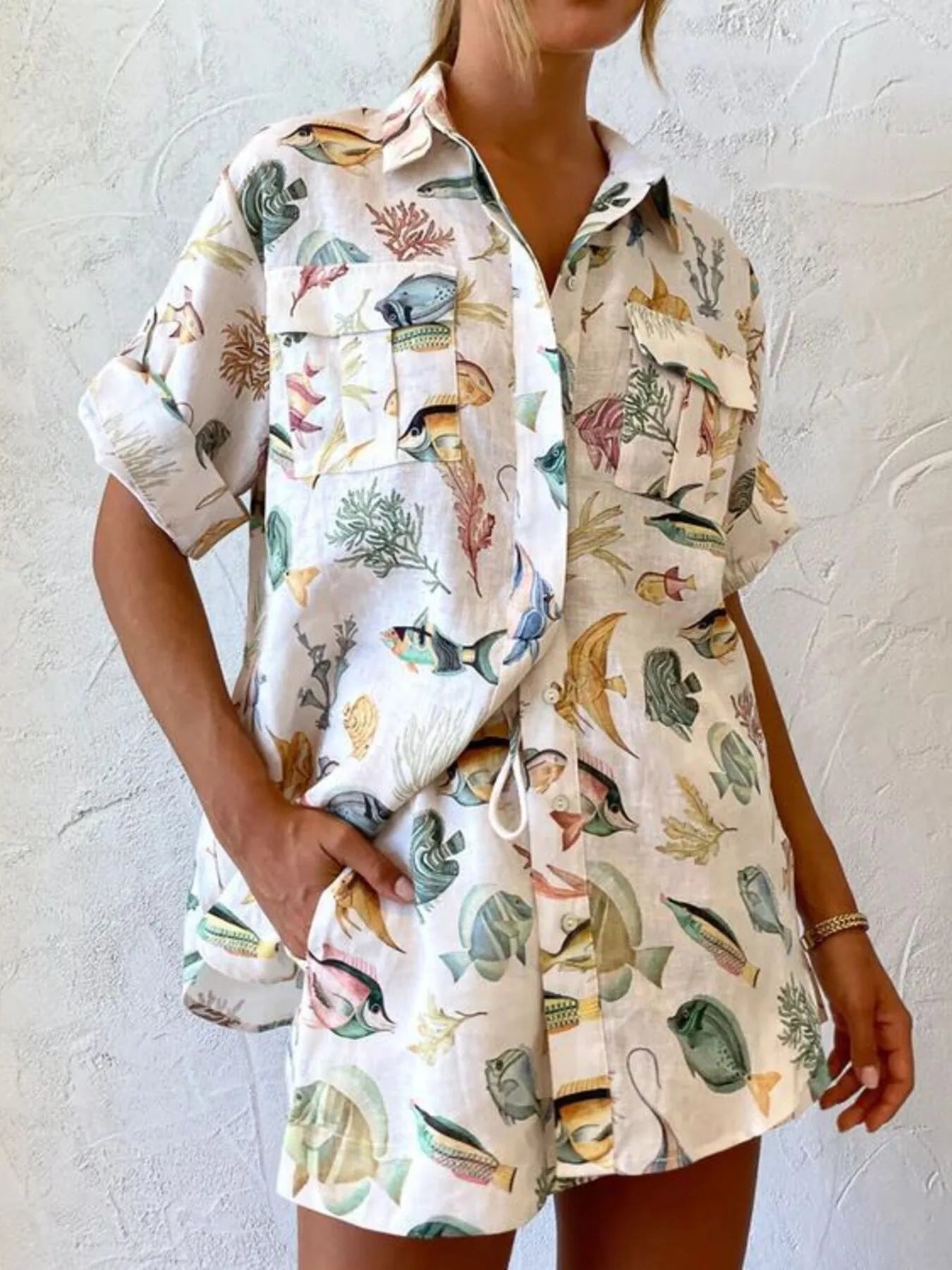 Tropical Print Oversized Button-Up Shirt and Shorts Set