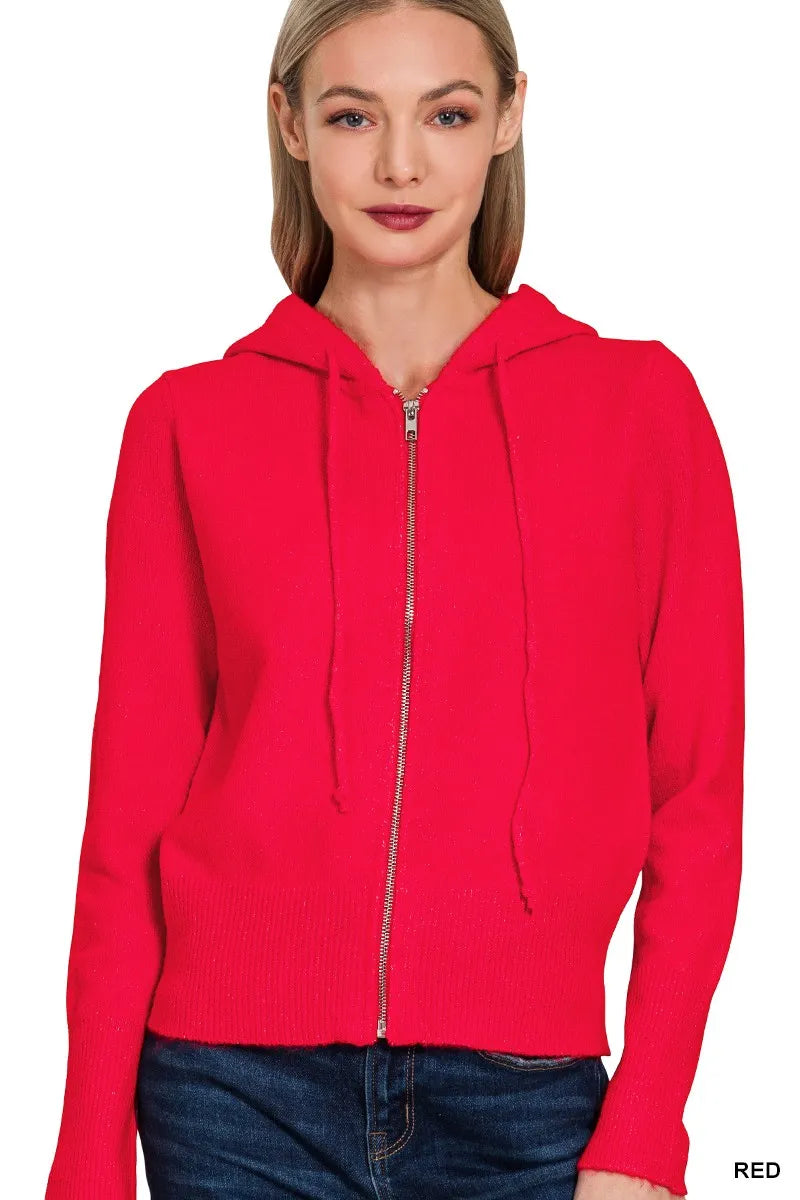 zenana drawstring zip up hooded cardigan - casual everyday hoodie cardigan shown as women’s cardigan
