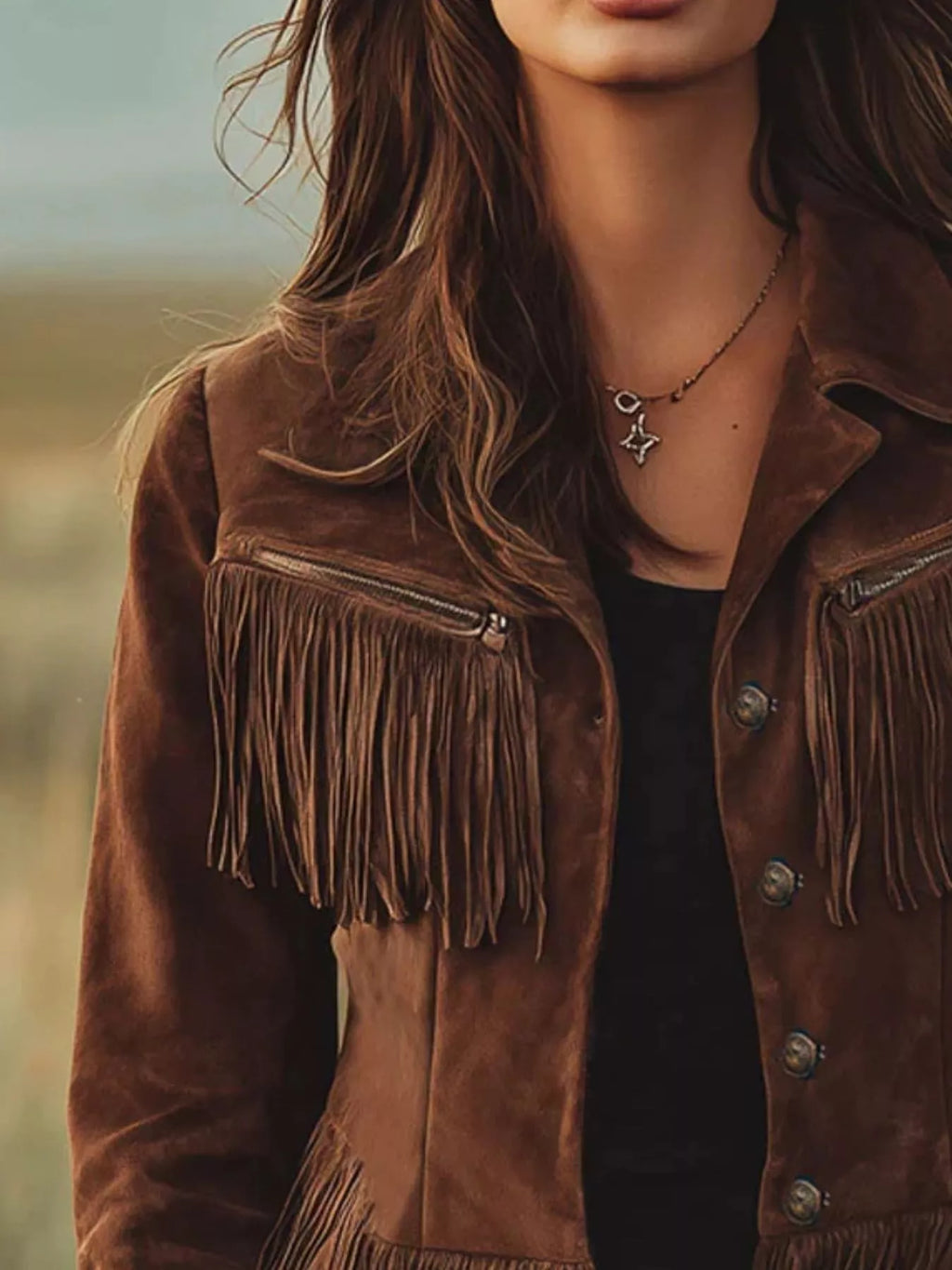 women's suede fringe button up jacket - side view