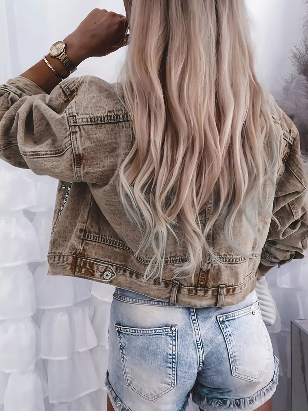 women's studded button up wash denim jacket - close-up detail