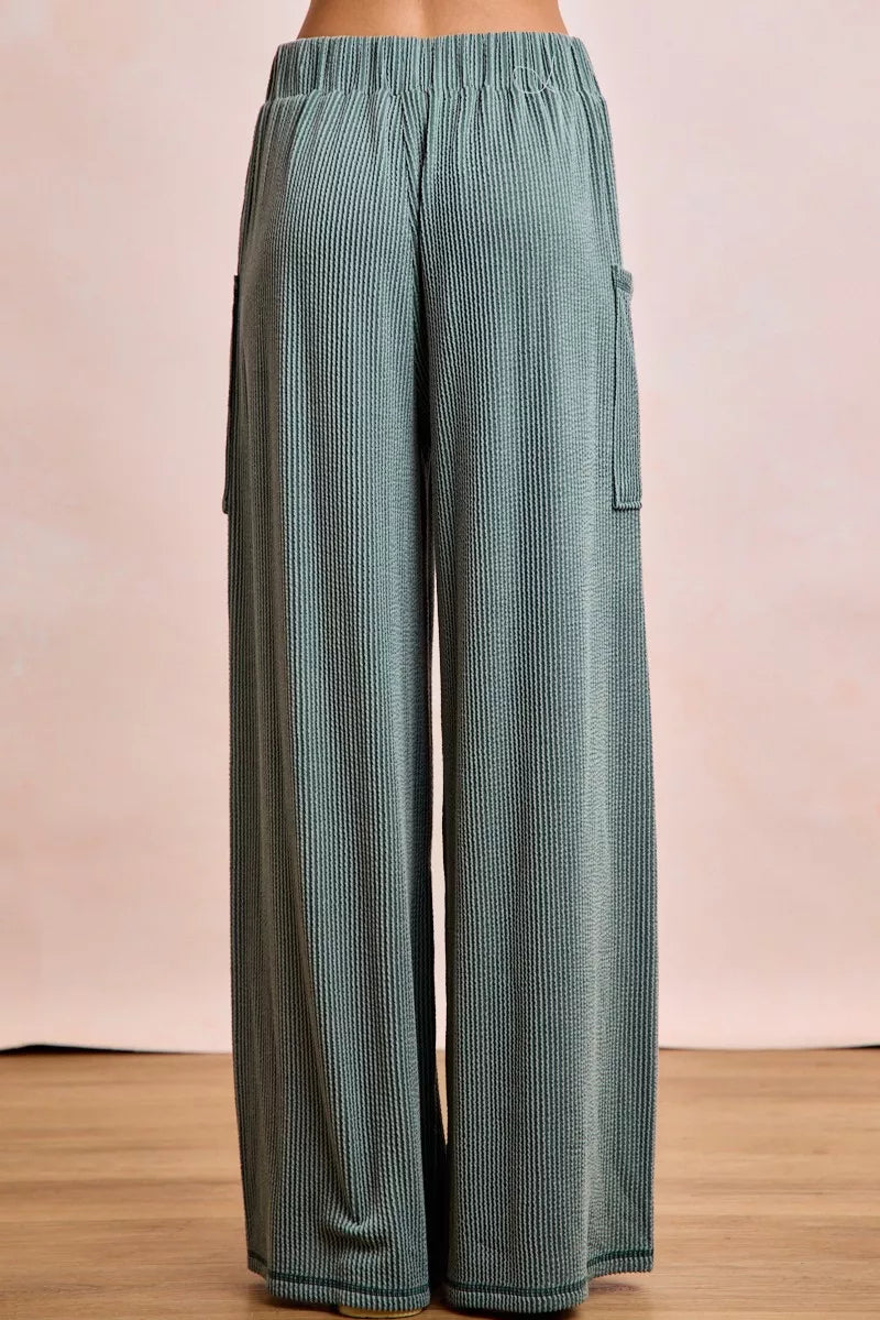 women's bibi two tone cord rib contrast stitching v-neck top and pants set - additional image
