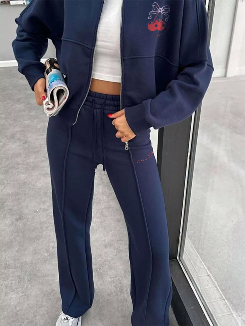 women's zip up dropped shoulder outerwear and pants set - additional image