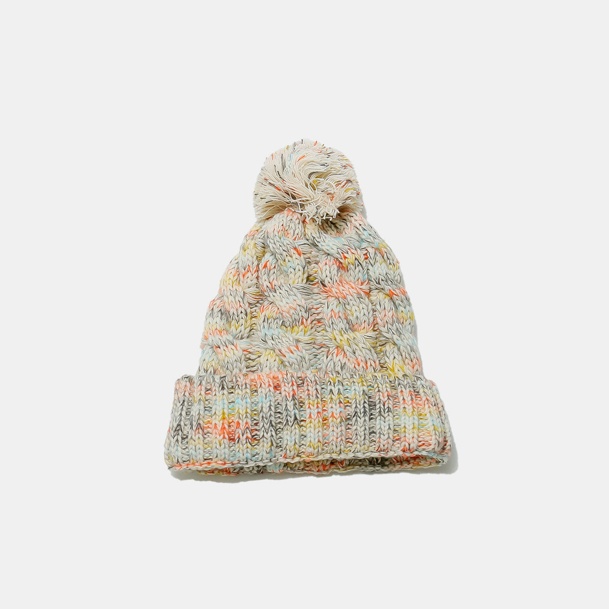 Contrast Cable-Knit Hat with Pompom Beige One Size