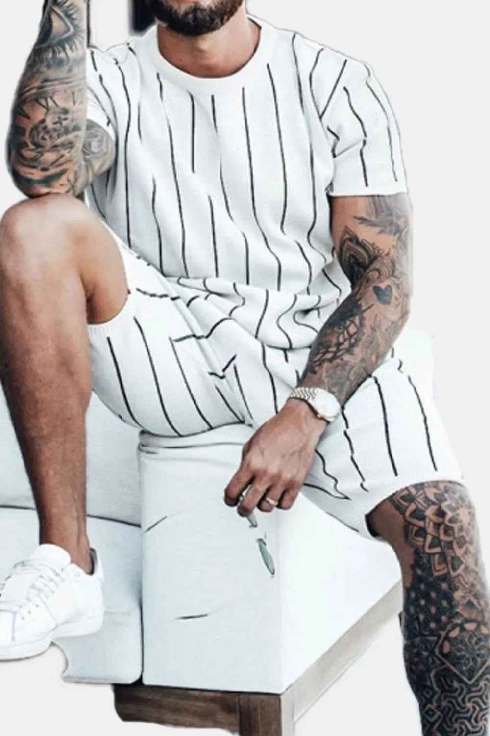 men's men's full size striped casual top and shorts summer set plus size - side view