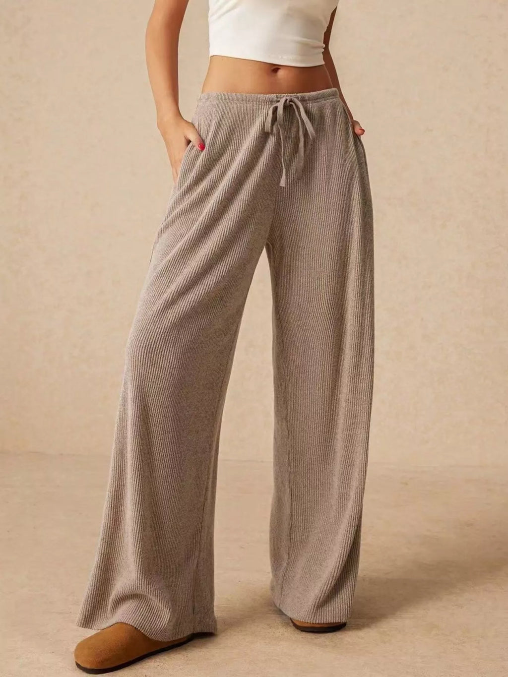 women's drawstring wide leg pants - back view