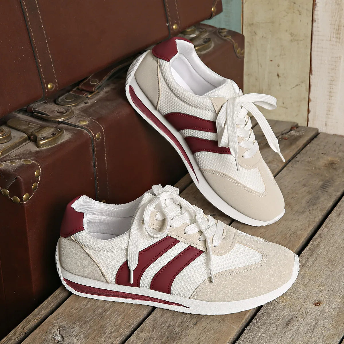 women's striped contrast mesh lace up sneakers - side view