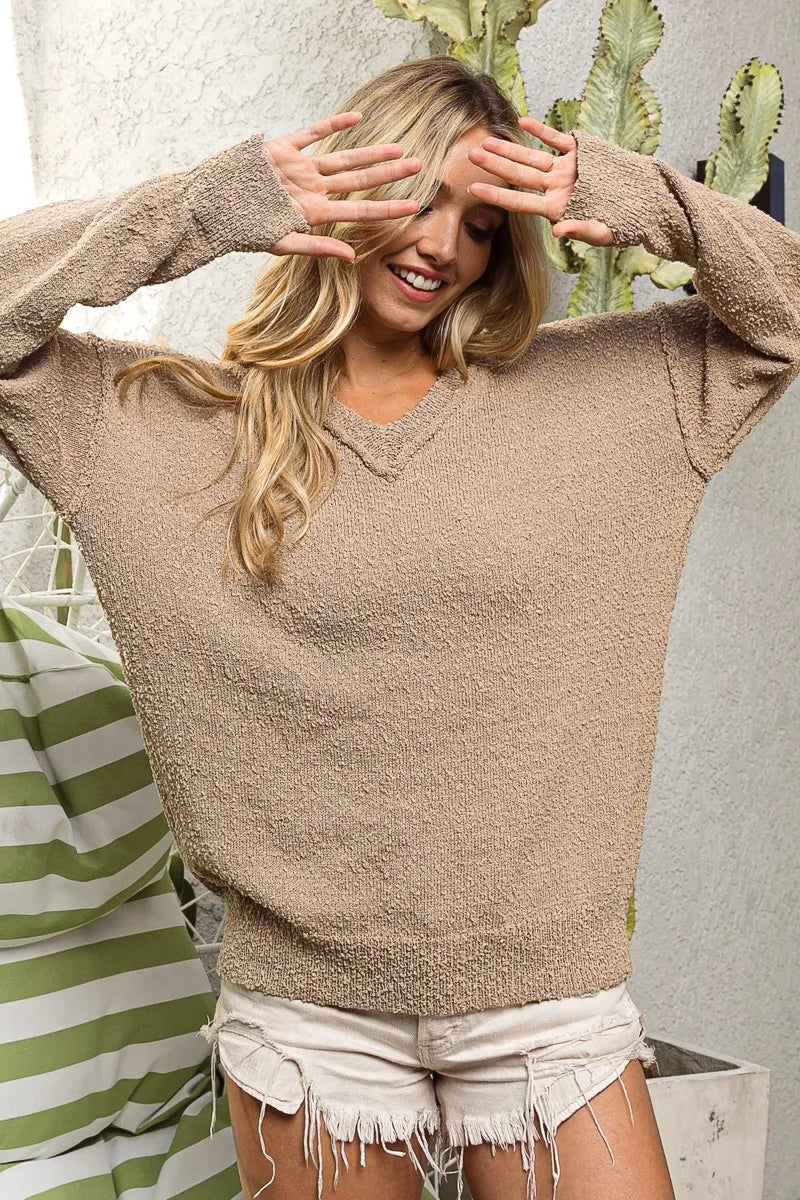 bibi raw edged popcorn texture v-neck sweater shown as women’s sweater