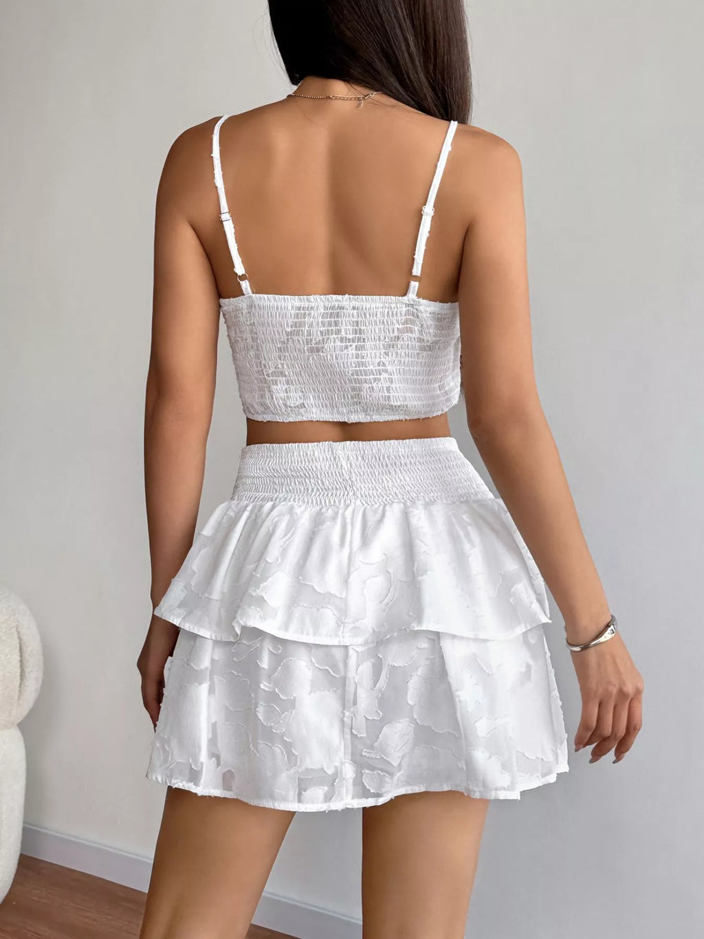 women's smocked crop top & ruffle mini skirt set - product detail