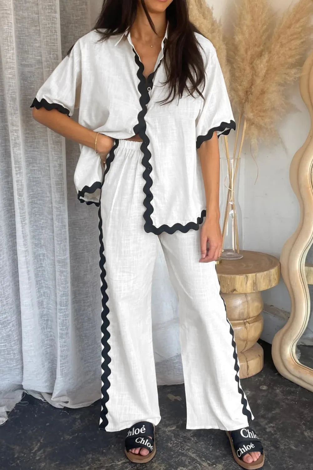 Contrast Trim Half Sleeve Top and Pants Set White