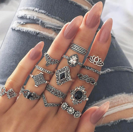 15 Piece Alloy Vintage Ring Set Silver One Size