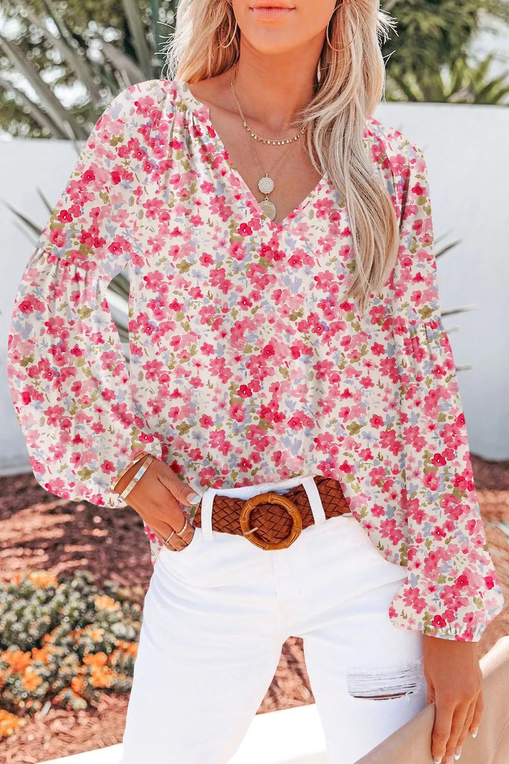 Printed Notched Long Sleeve Blouse Blush Pink