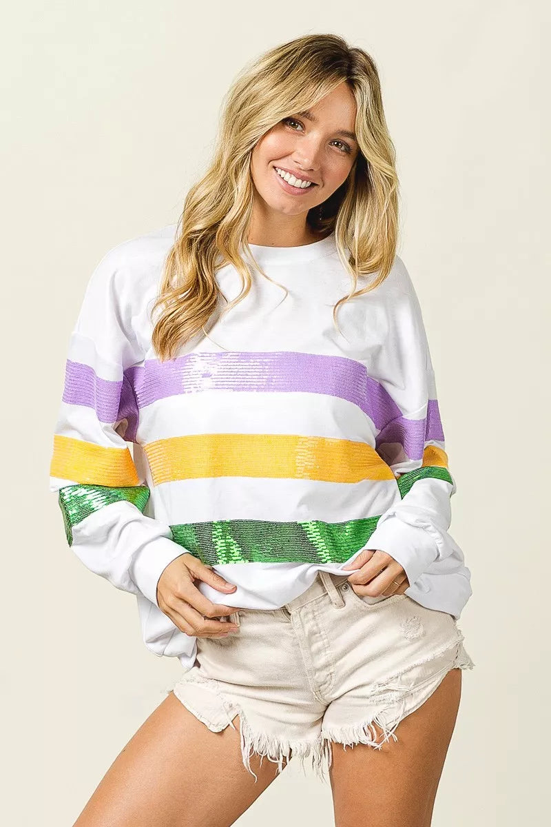 women's bibi sequin mardi gras striped round neck sweatshirt - additional image