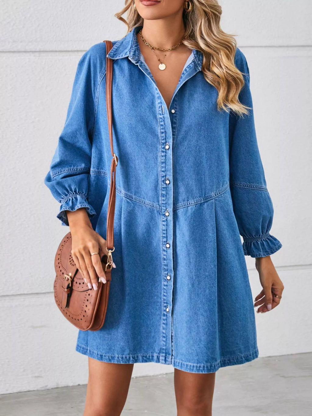 women's button-front ruffle cuff denim dress - product showcase