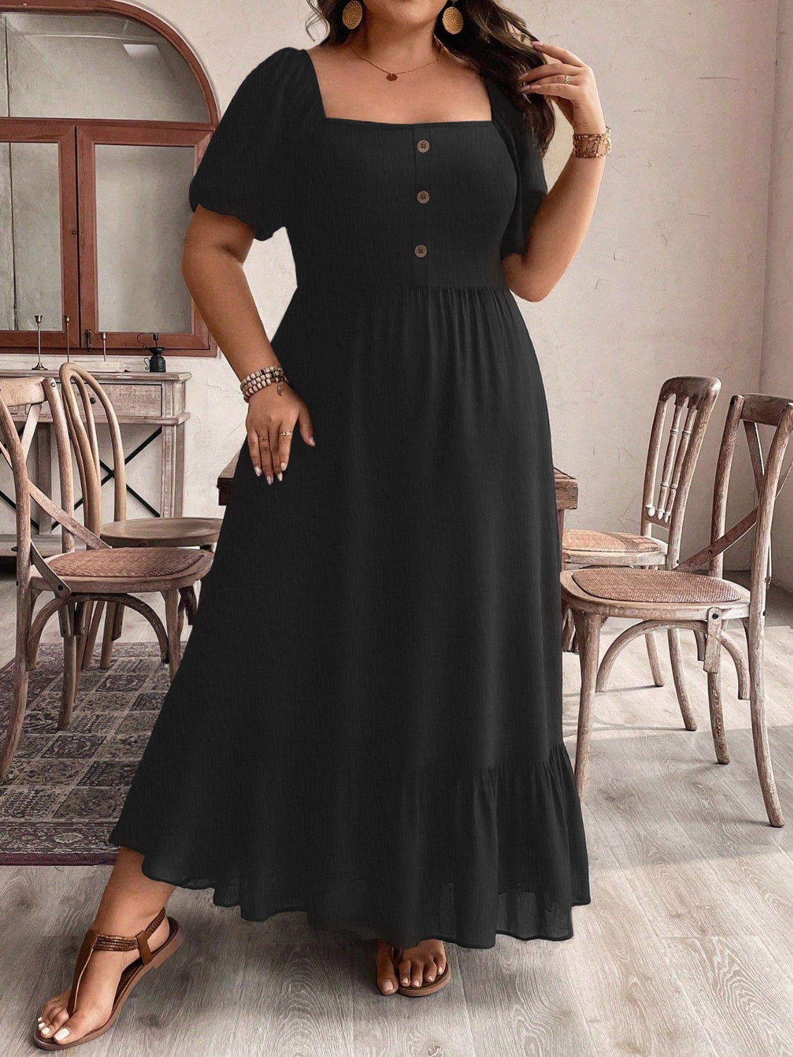 Plus Size Ruffled Hem Square Neck Short Sleeve Dress