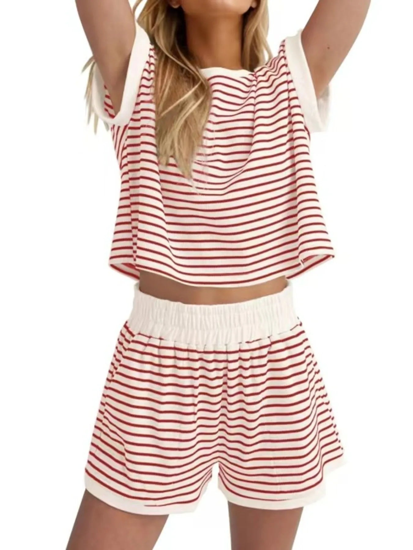 Full Size Contrast Striped T-Shirt and Shorts Set Plus Size Red Stripe On White Background
