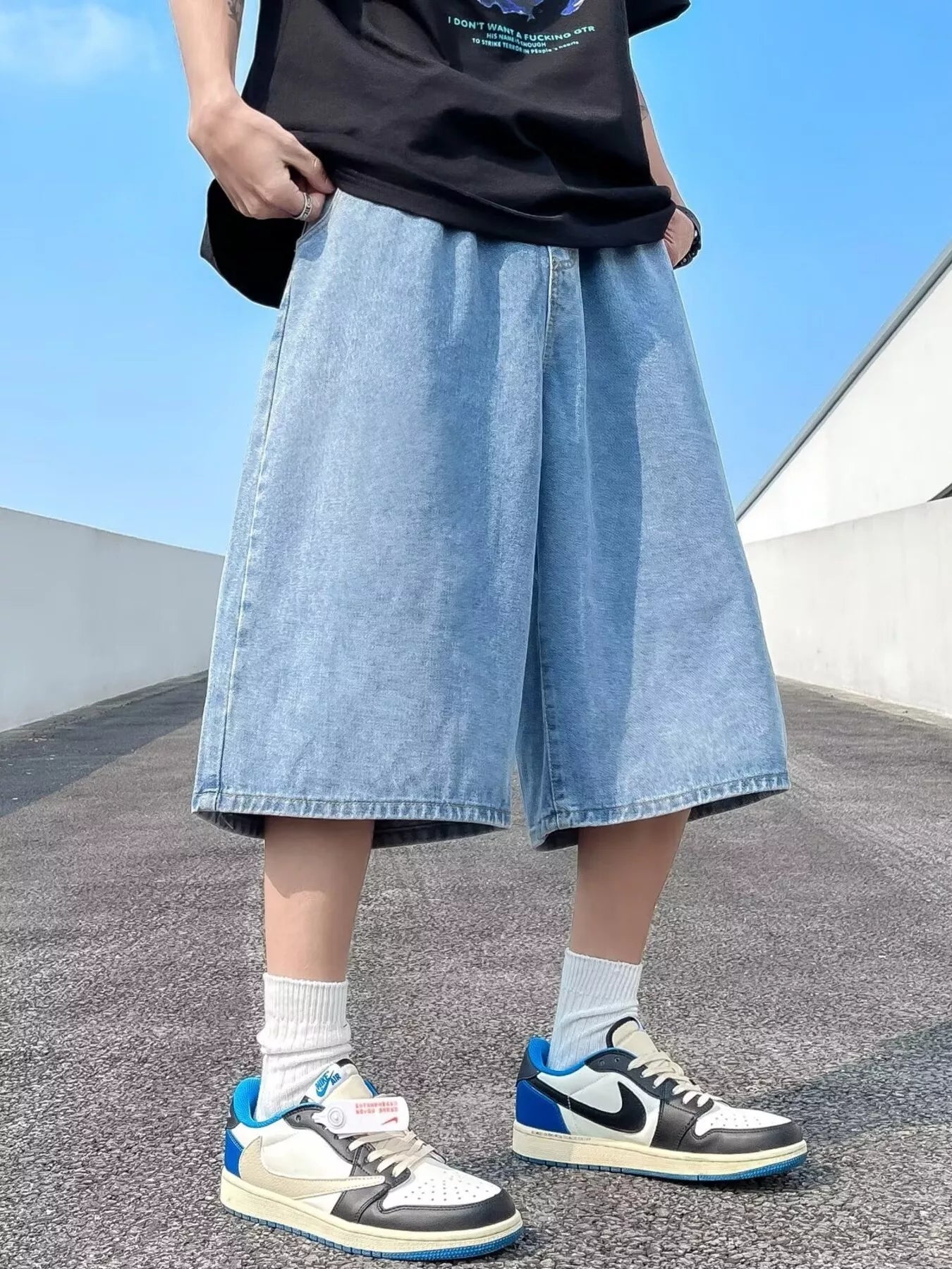 men's men's full size vintage wash wide-leg denim shorts plus size - main product image