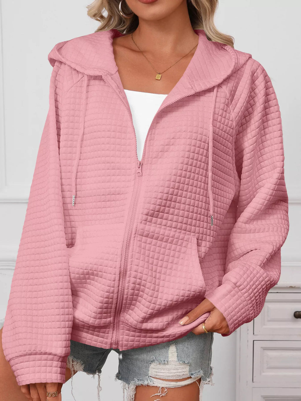 women's full size textured quilted zip-up hooded jacket plus size - extra view
