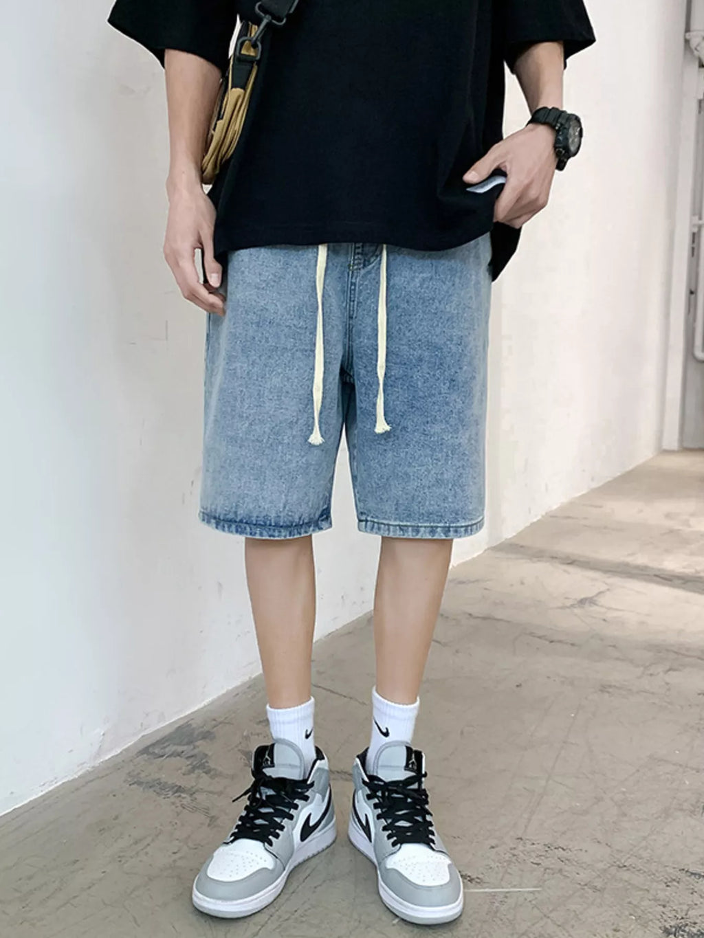 men's men's casual loose fit denim shorts - styled view