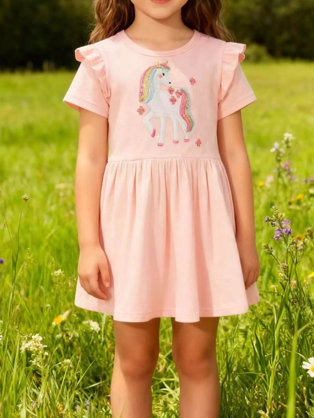 women's children's cute unicorn applique ruffle sleeve dress - main product image