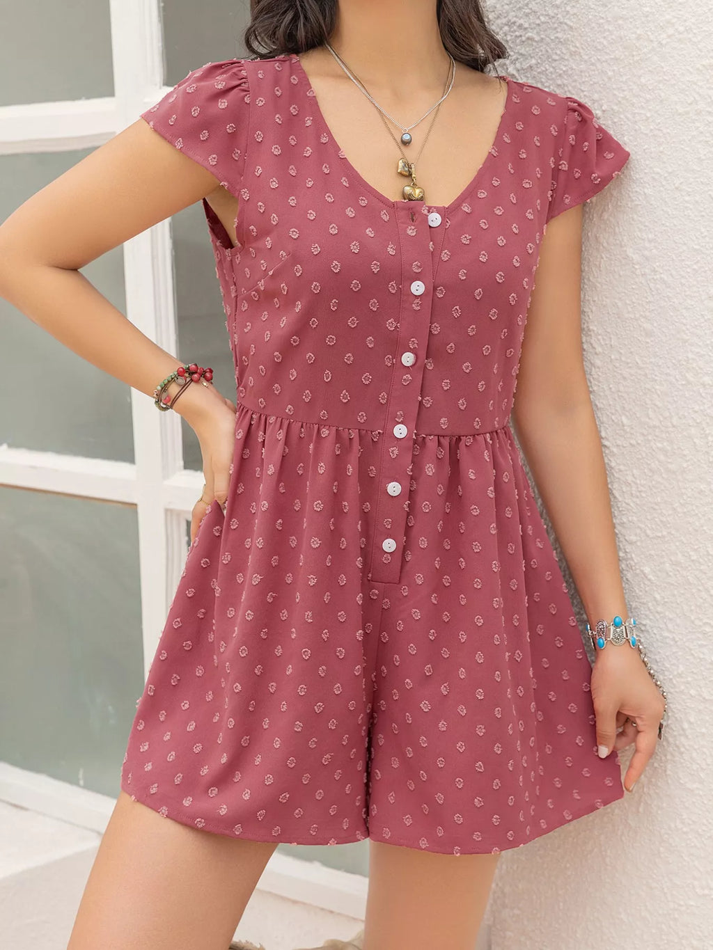 women's swiss dot cap sleeve romper - detail shot