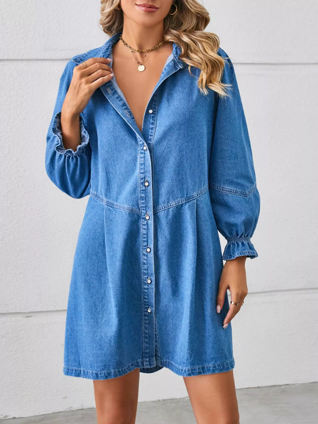 women's button-front ruffle cuff denim dress - extra view