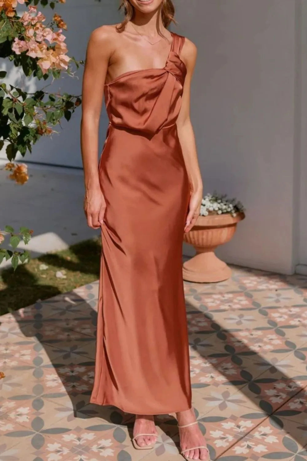 one shoulder sleeveless maxi dress shown as women’s dress