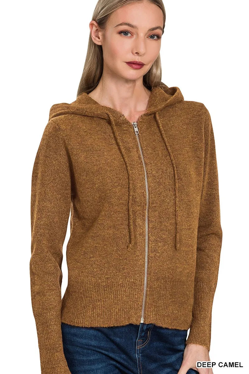 zenana drawstring zip up hooded cardigan - lightweight knit zip hoodie shown as women’s cardigan