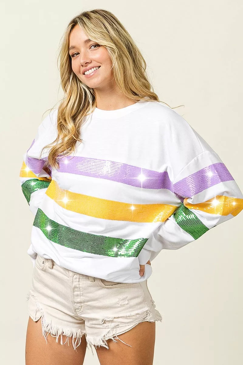 women's bibi sequin mardi gras striped round neck sweatshirt - product detail