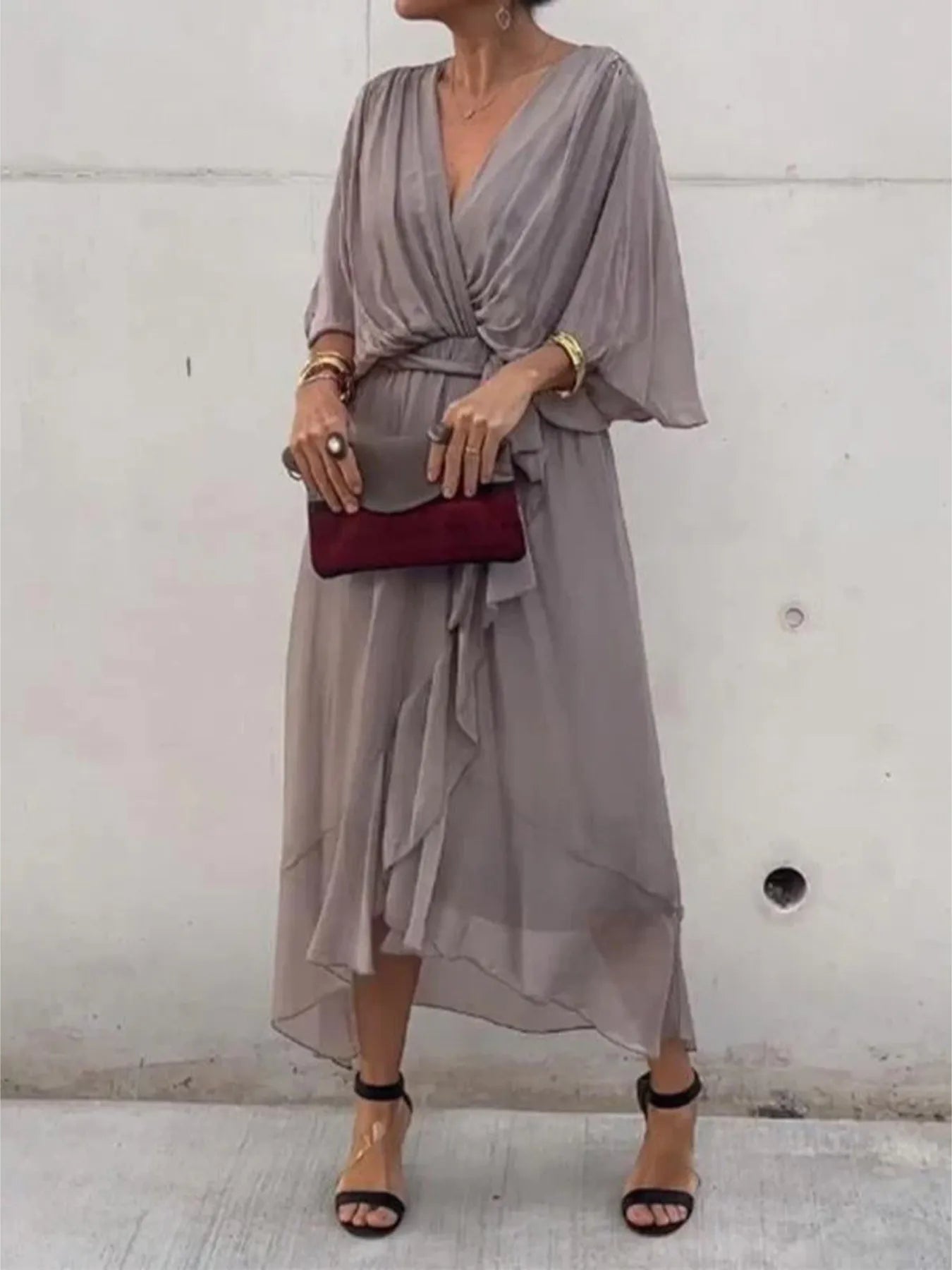 Full Size Flowy Tie Front Midi Dress with Flutter Sleeves Plus Size Gray