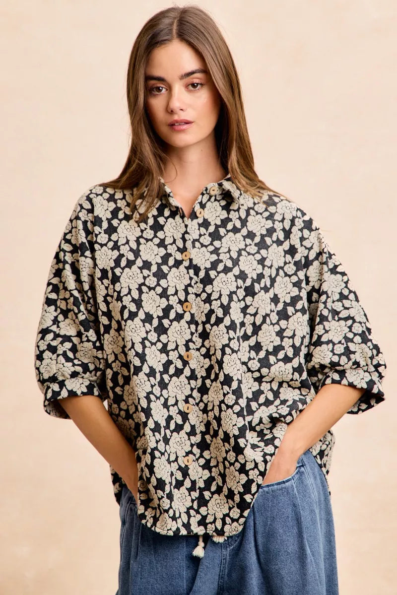 women's bibi floral jacquard short dolman sleeves shirt - styled view