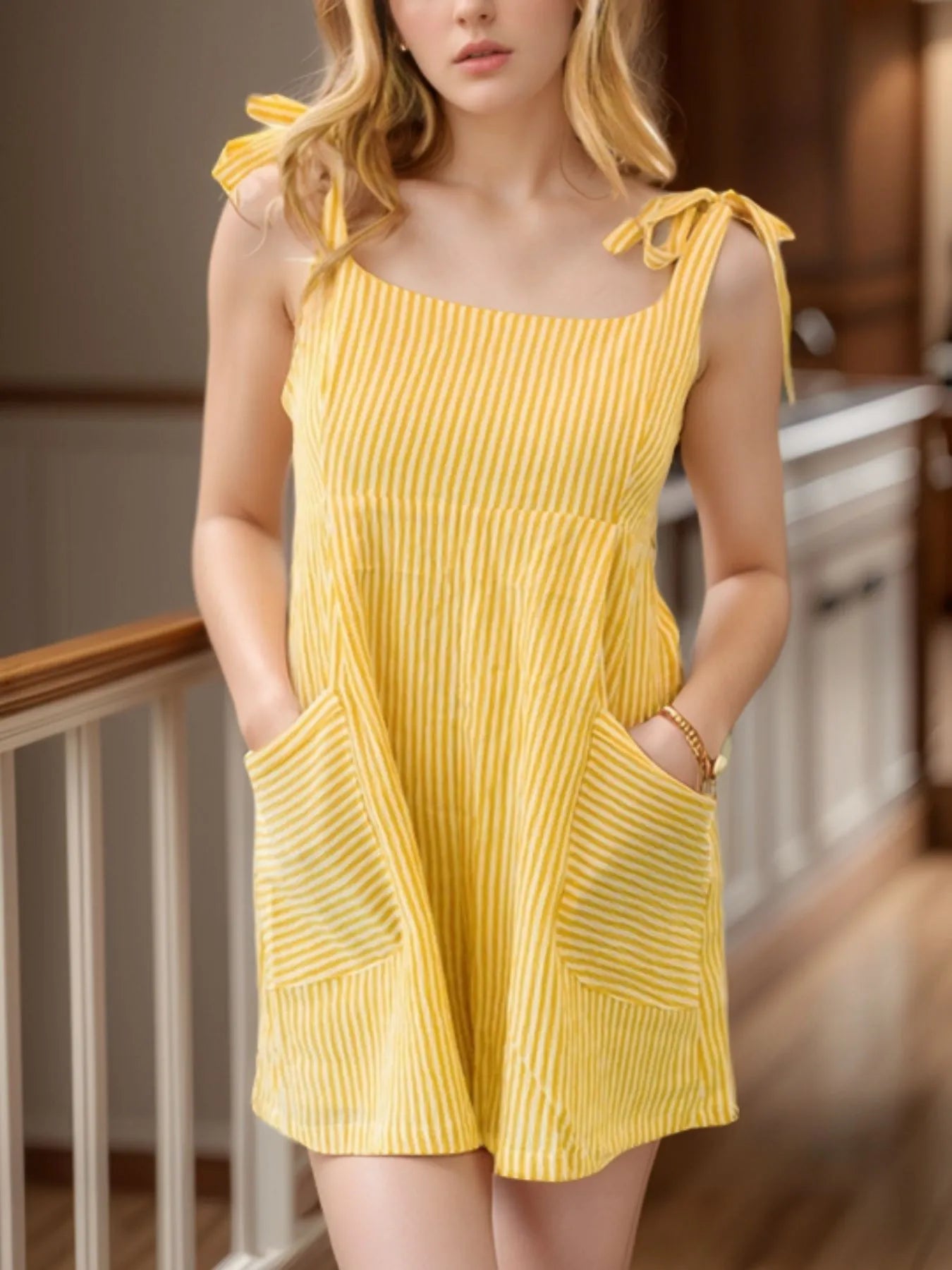 Stripe Shoulder Tie Smocked Back Casual Romper Pastel Yellow