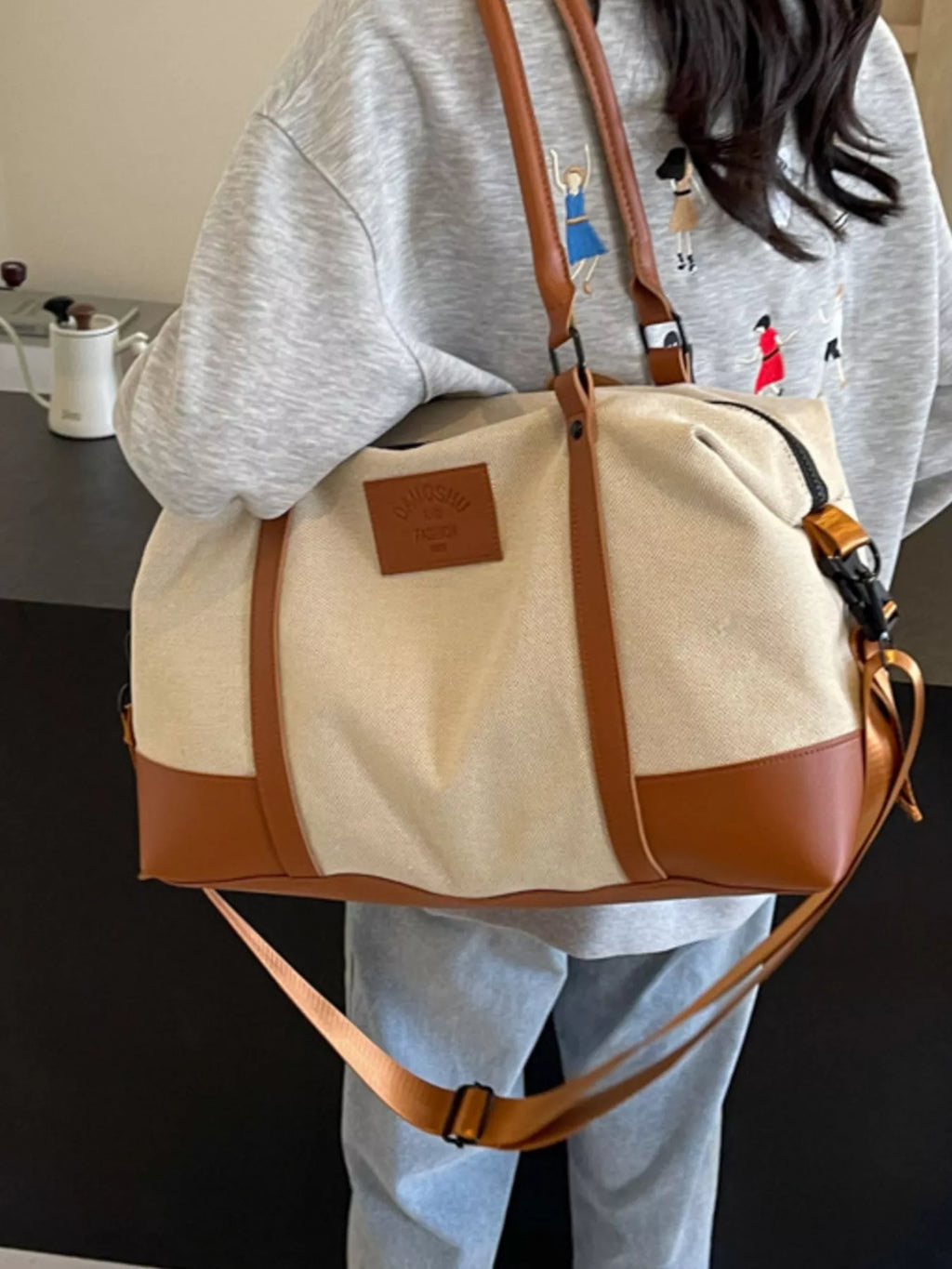 women's canvas leather trim travel  bag - product detail