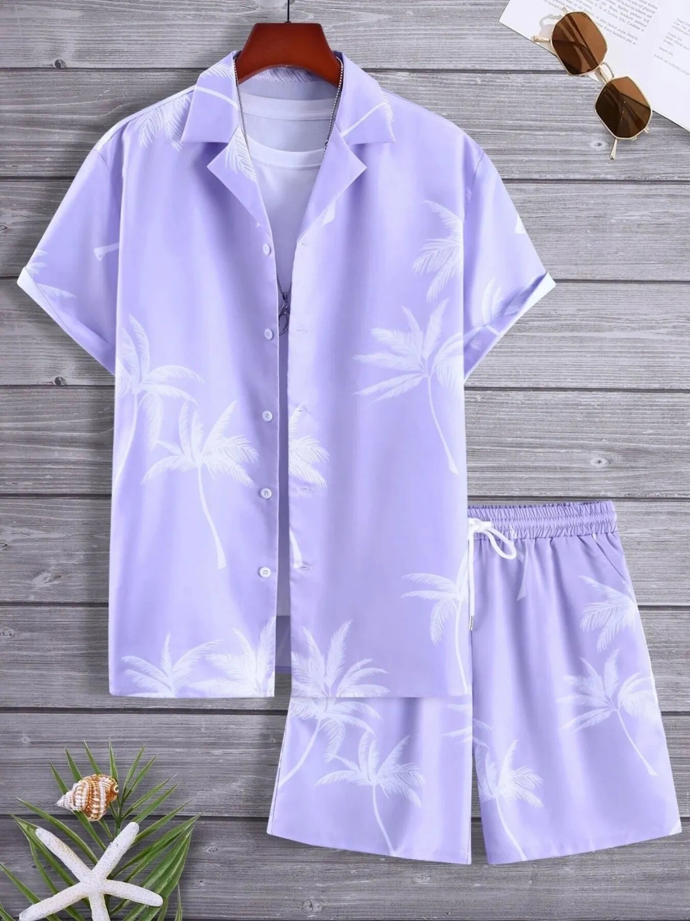men's men's full size palm print button up shirt and shorts set plus size - extra view