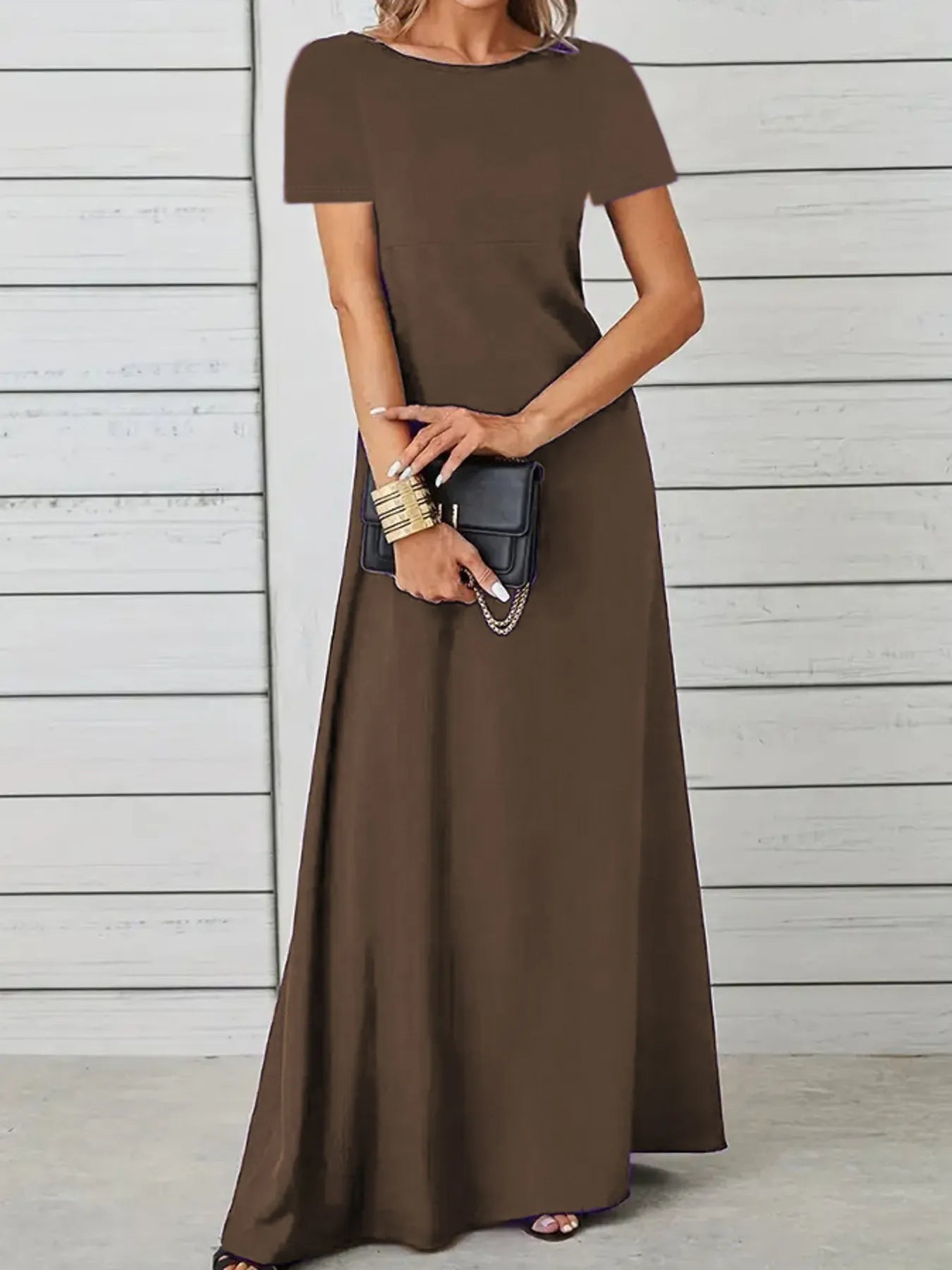 Full Size Round Neck Short Sleeve A-Line Maxi Dress Plus Size Dark Brown