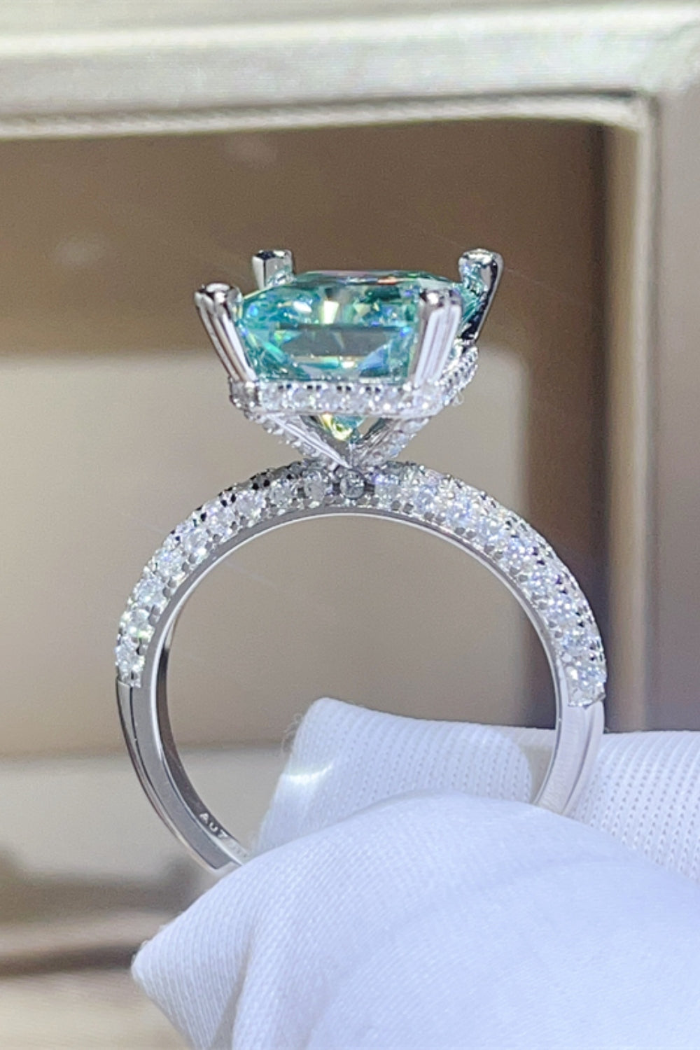 old mine cut diamond round rose gold solitaire ring 5 Carat Moissanite ring Best Buy 2025 in Teal, size 5, 7, 6, 8, 9, shown in side perspective highlighting gemstone detail