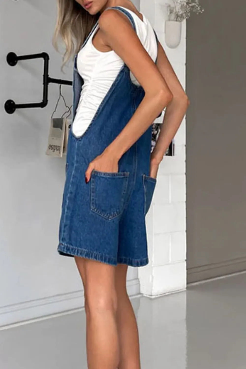 Button Front Denim Overall Shorts with Front Pockets